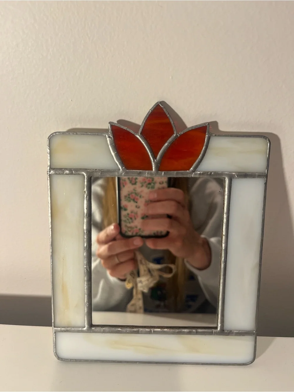 Stained Glass Mirror with Red Floral Accent